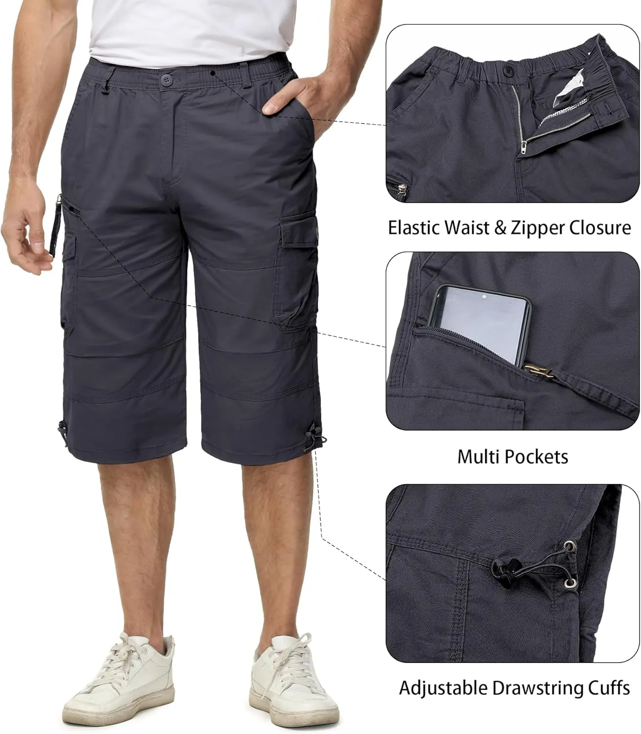EKLENTSON Men's Cargo Shorts Casual Twill Elastic 3/4 Capri Pants Below Knee Long Shorts with 7 Pockets