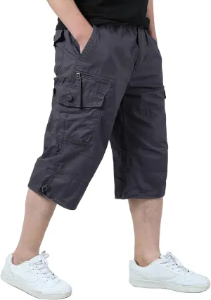 EKLENTSON Men's Cargo Shorts Casual Twill Elastic 3/4 Capri Pants Below Knee Long Shorts with 7 Pockets
