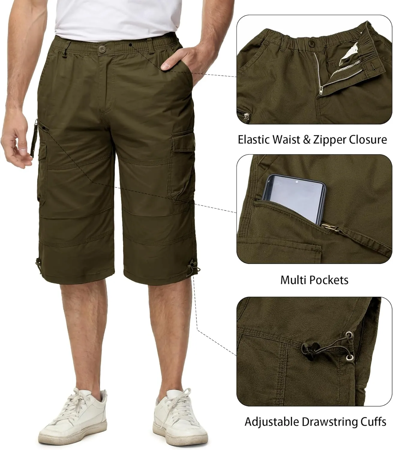 EKLENTSON Men's Cargo Shorts Casual Twill Elastic 3/4 Capri Pants Below Knee Long Shorts with 7 Pockets
