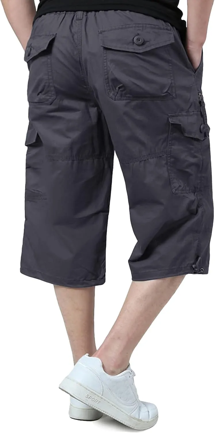 EKLENTSON Men's Cargo Shorts Casual Twill Elastic 3/4 Capri Pants Below Knee Long Shorts with 7 Pockets