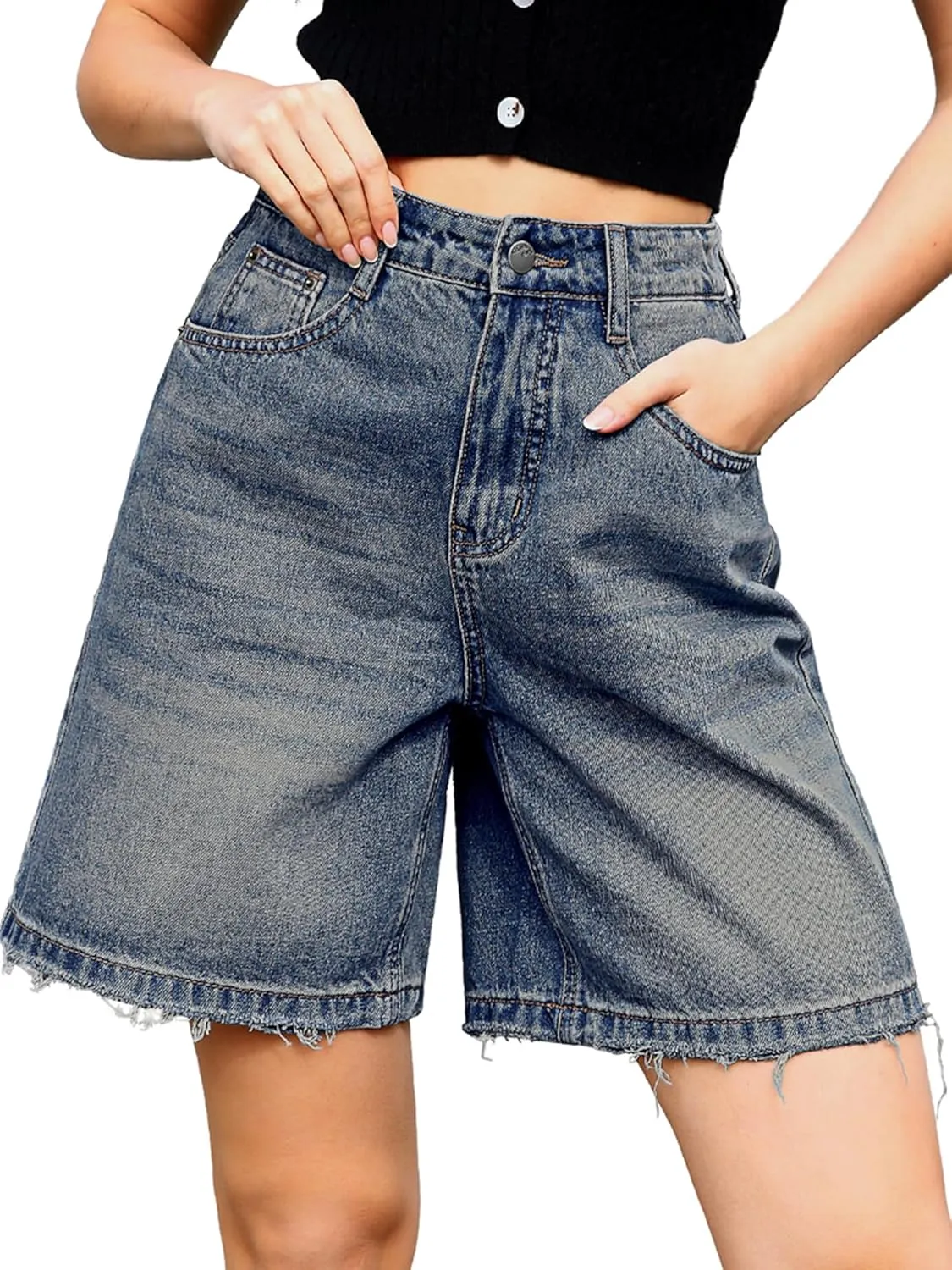 ELLEVEN Bermuda Jorts Baggy Jean Shorts - Casual Loose Fit Wide Leg Knee Length Denim Shorts with Elastic Waist