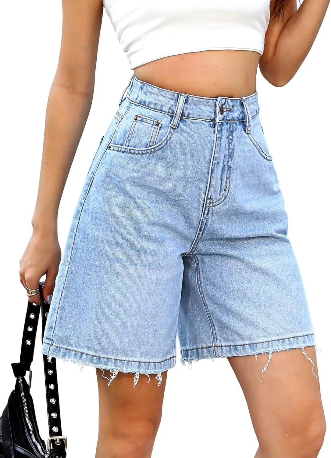 ELLEVEN Bermuda Jorts Baggy Jean Shorts - Casual Loose Fit Wide Leg Knee Length Denim Shorts with Elastic Waist