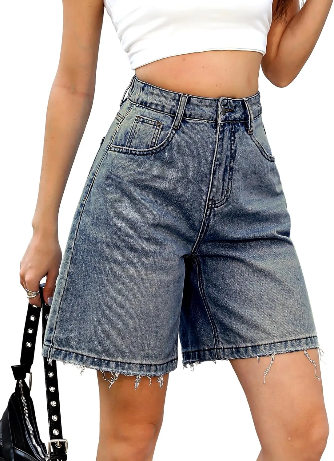 ELLEVEN Bermuda Jorts Baggy Jean Shorts - Casual Loose Fit Wide Leg Knee Length Denim Shorts with Elastic Waist