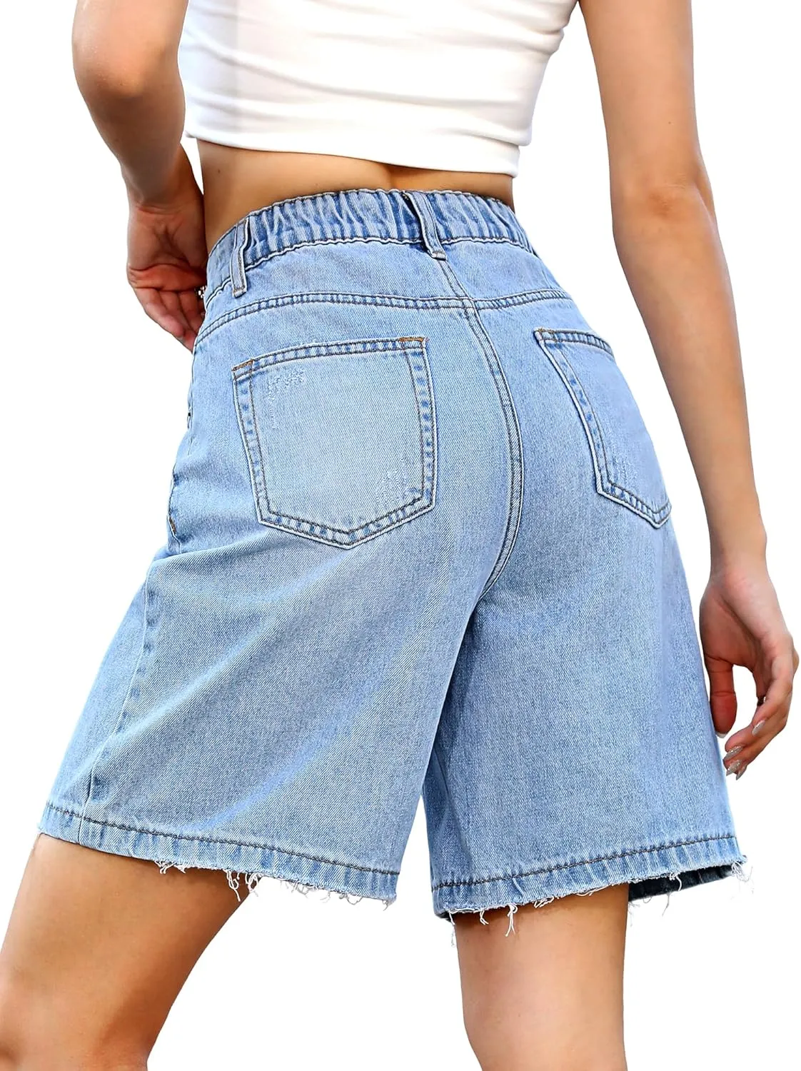 ELLEVEN Bermuda Jorts Baggy Jean Shorts - Casual Loose Fit Wide Leg Knee Length Denim Shorts with Elastic Waist