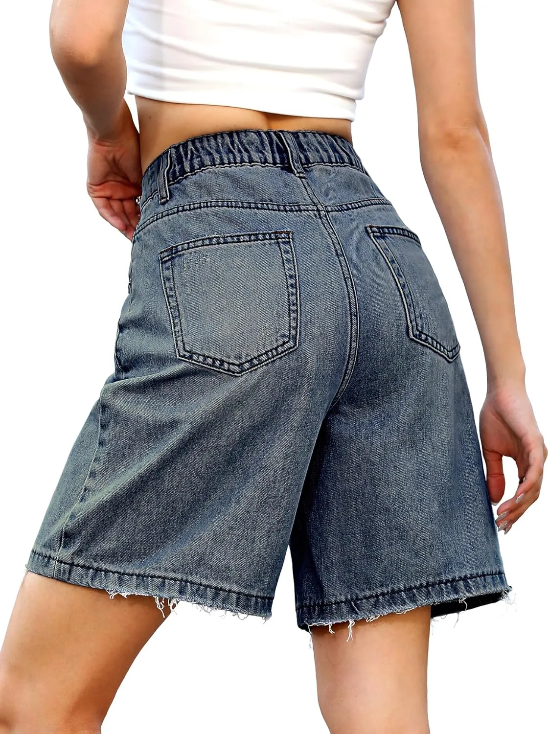 ELLEVEN Bermuda Jorts Baggy Jean Shorts - Casual Loose Fit Wide Leg Knee Length Denim Shorts with Elastic Waist