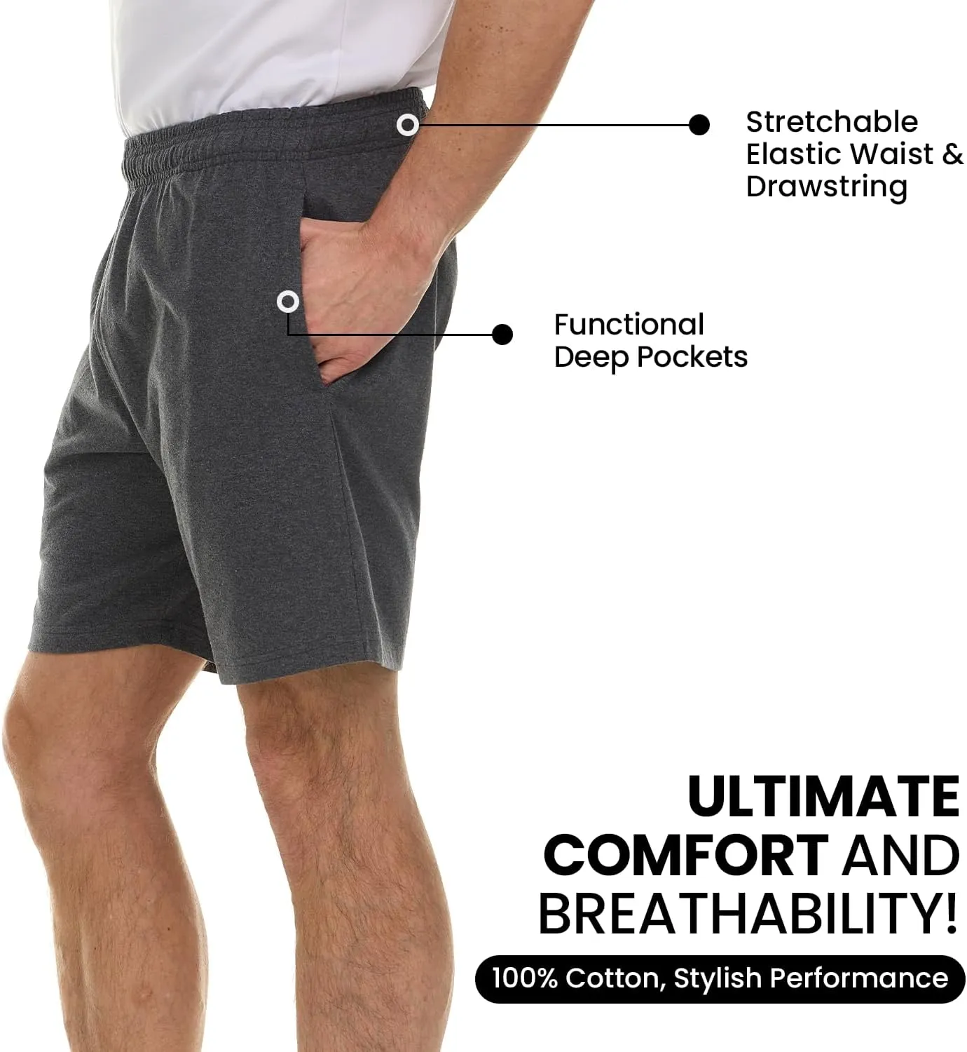Essential Elements 3 Pack: Mens Cotton Shorts - 100% Cotton Lounge Athletic Casual Sleep Casual Pajama PJ Shorts