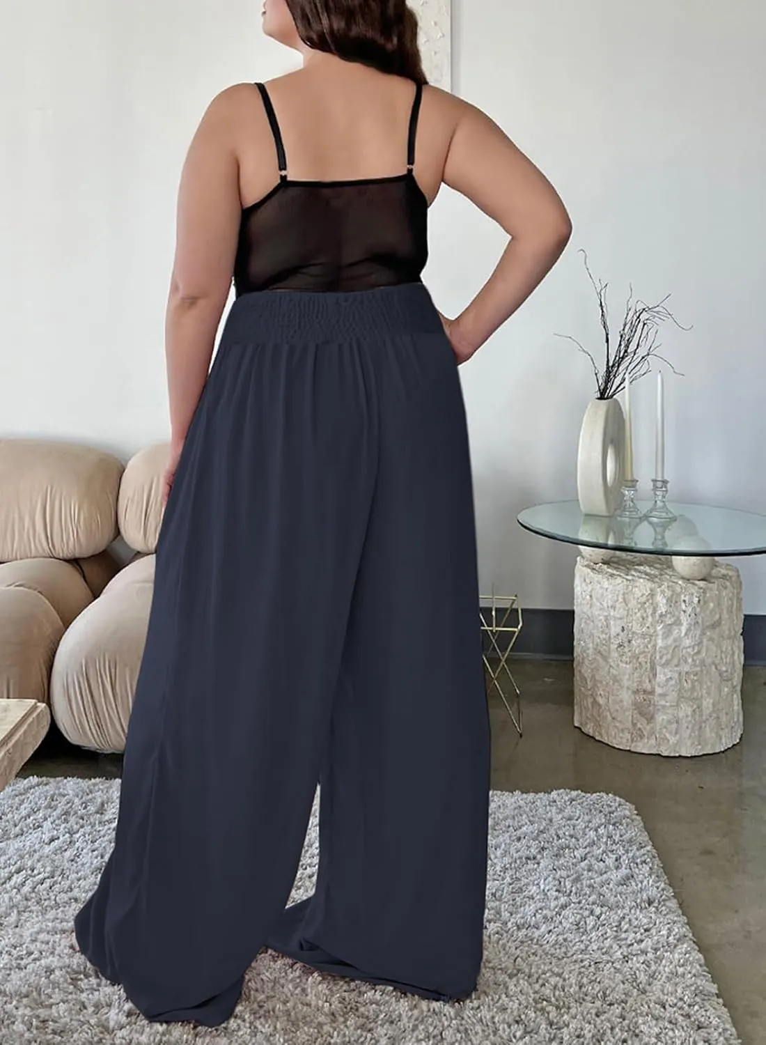Eytino Women Plus Size Wide Leg Pants Casual Loose Smocked High Waisted Lounge Pajama Palazzo Pants(1X-5X)