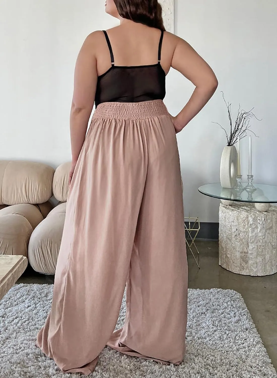 Eytino Women Plus Size Wide Leg Pants Casual Loose Smocked High Waisted Lounge Pajama Palazzo Pants(1X-5X)