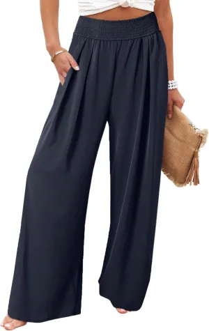 Eytino Women Plus Size Wide Leg Pants Casual Loose Smocked High Waisted Lounge Pajama Palazzo Pants(1X-5X)