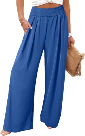 Eytino Women Plus Size Wide Leg Pants Casual Loose Smocked High Waisted Lounge Pajama Palazzo Pants(1X-5X)