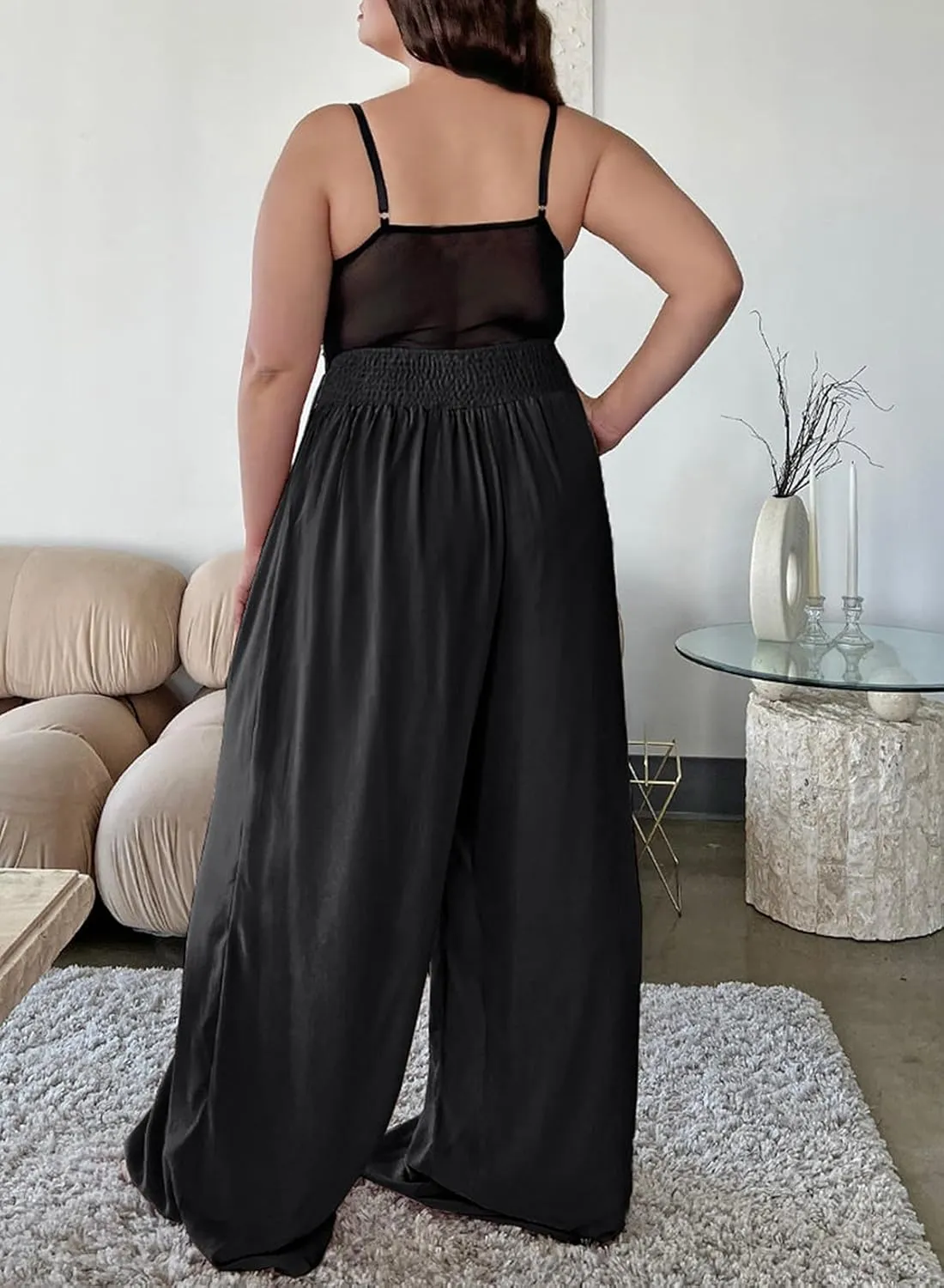Eytino Women Plus Size Wide Leg Pants Casual Loose Smocked High Waisted Lounge Pajama Palazzo Pants(1X-5X)