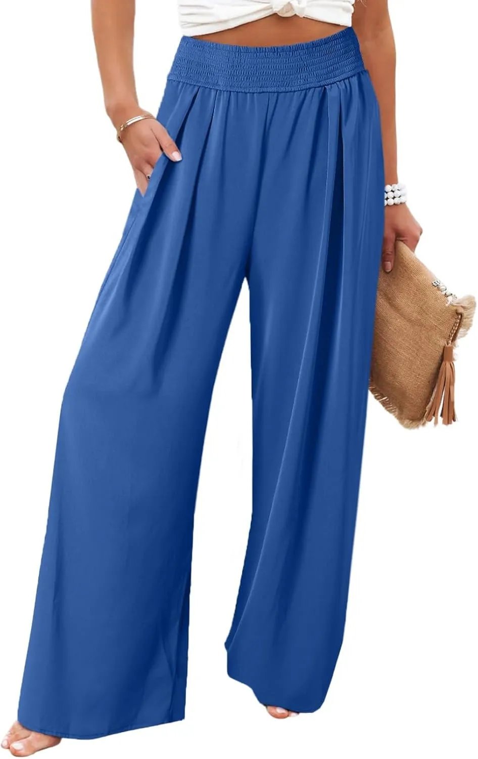 Eytino Women Plus Size Wide Leg Pants Casual Loose Smocked High Waisted Lounge Pajama Palazzo Pants(1X-5X)