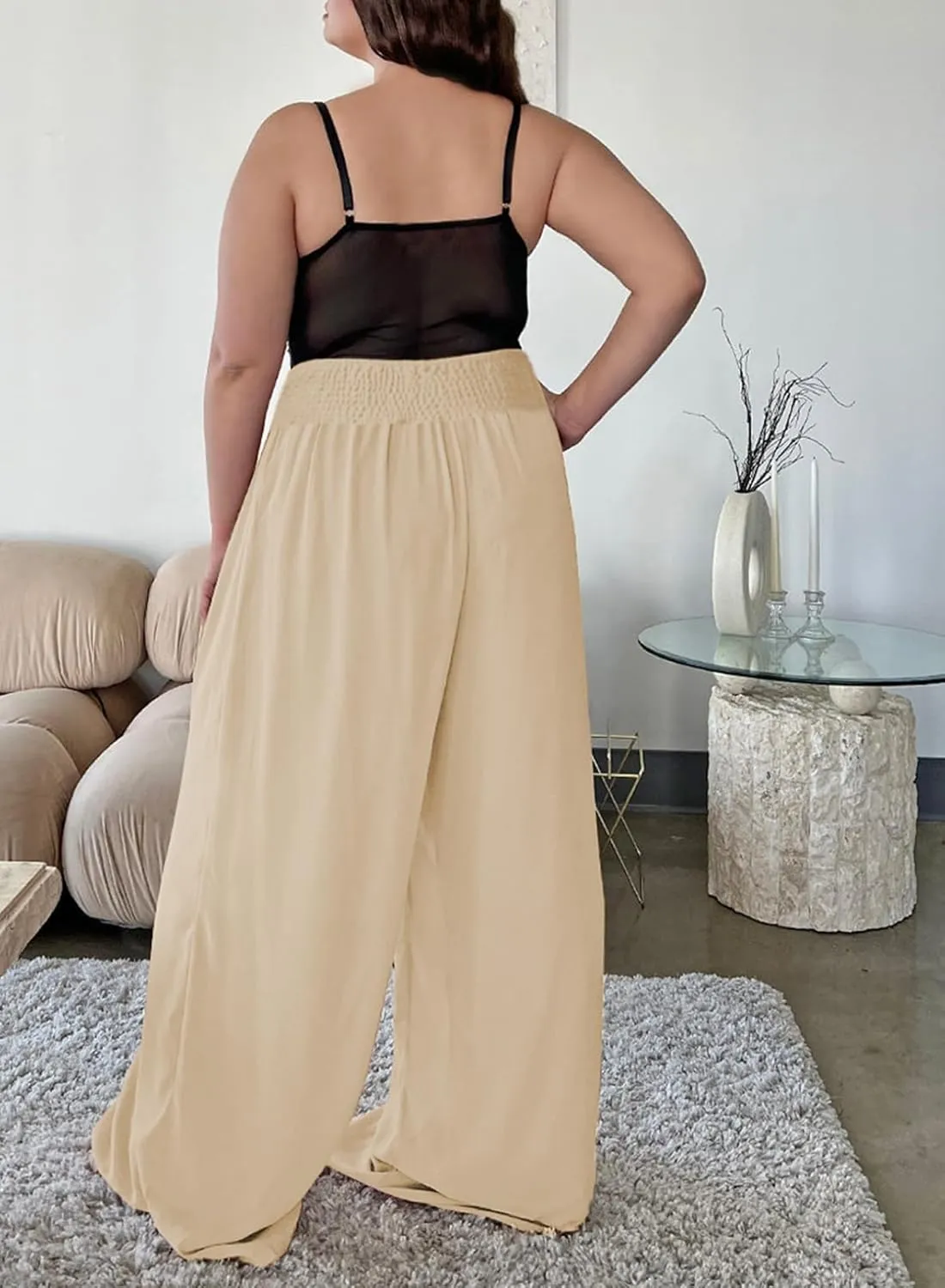 Eytino Women Plus Size Wide Leg Pants Casual Loose Smocked High Waisted Lounge Pajama Palazzo Pants(1X-5X)