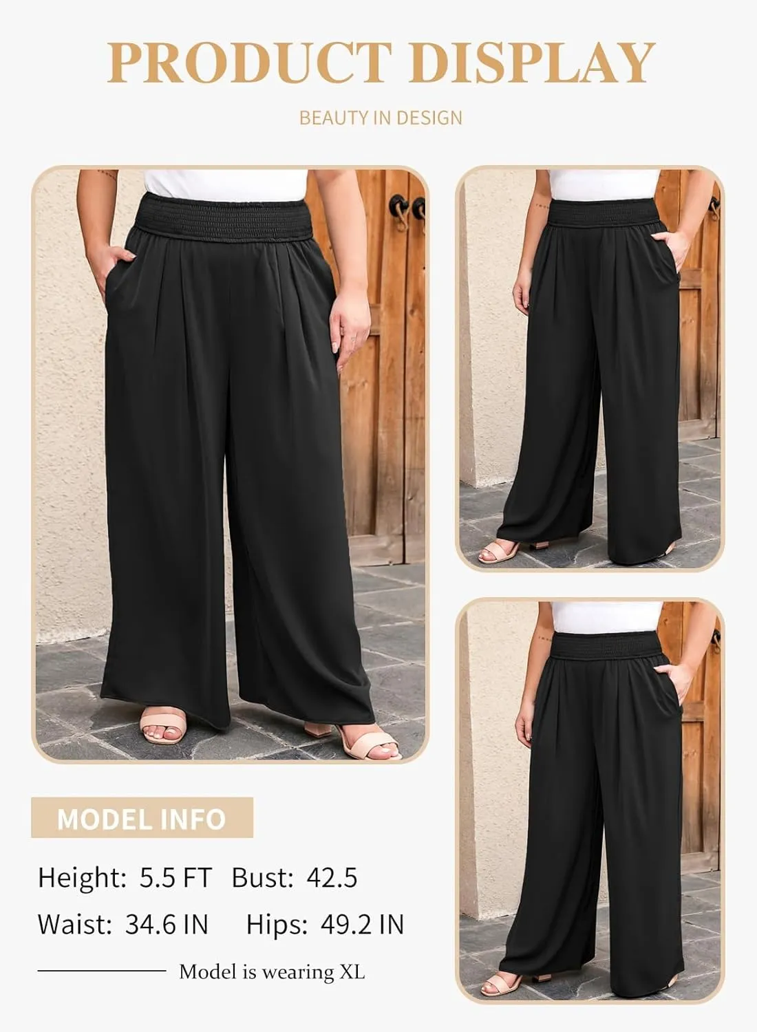Eytino Women Plus Size Wide Leg Pants Casual Loose Smocked High Waisted Lounge Pajama Palazzo Pants(1X-5X)