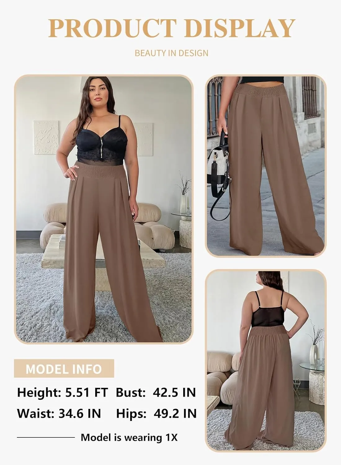 Eytino Women Plus Size Wide Leg Pants Casual Loose Smocked High Waisted Lounge Pajama Palazzo Pants(1X-5X)