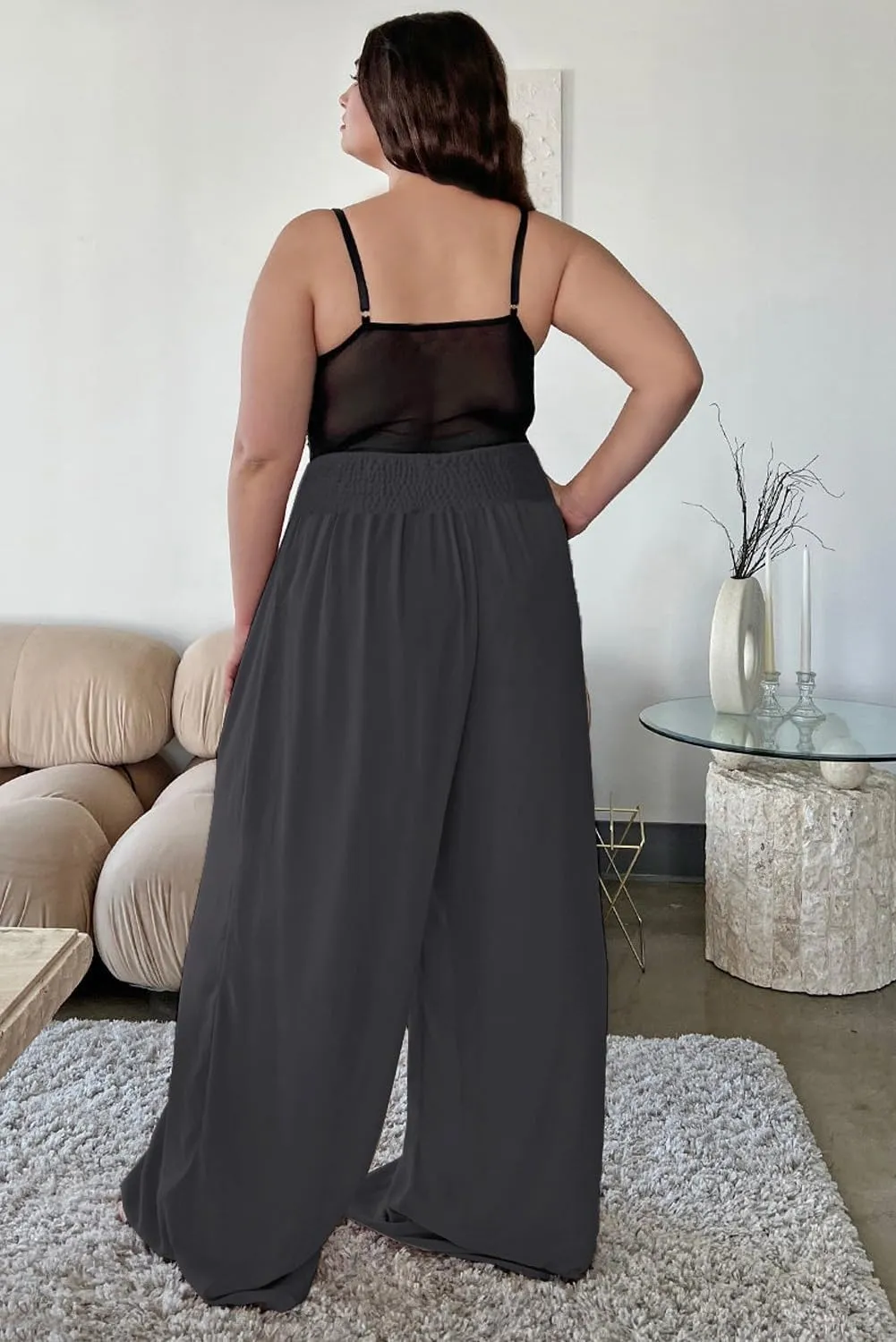 Eytino Women Plus Size Wide Leg Pants Casual Loose Smocked High Waisted Lounge Pajama Palazzo Pants(1X-5X)