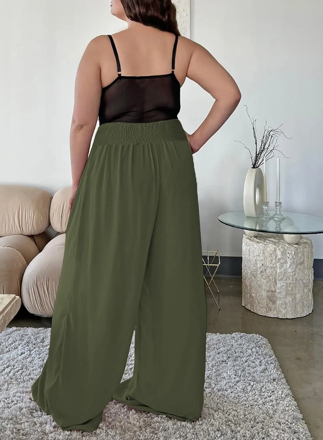 Eytino Women Plus Size Wide Leg Pants Casual Loose Smocked High Waisted Lounge Pajama Palazzo Pants(1X-5X)