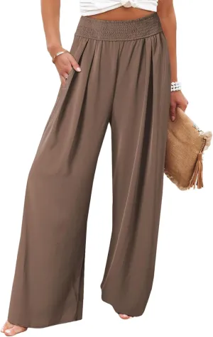 Eytino Women Plus Size Wide Leg Pants Casual Loose Smocked High Waisted Lounge Pajama Palazzo Pants(1X-5X)
