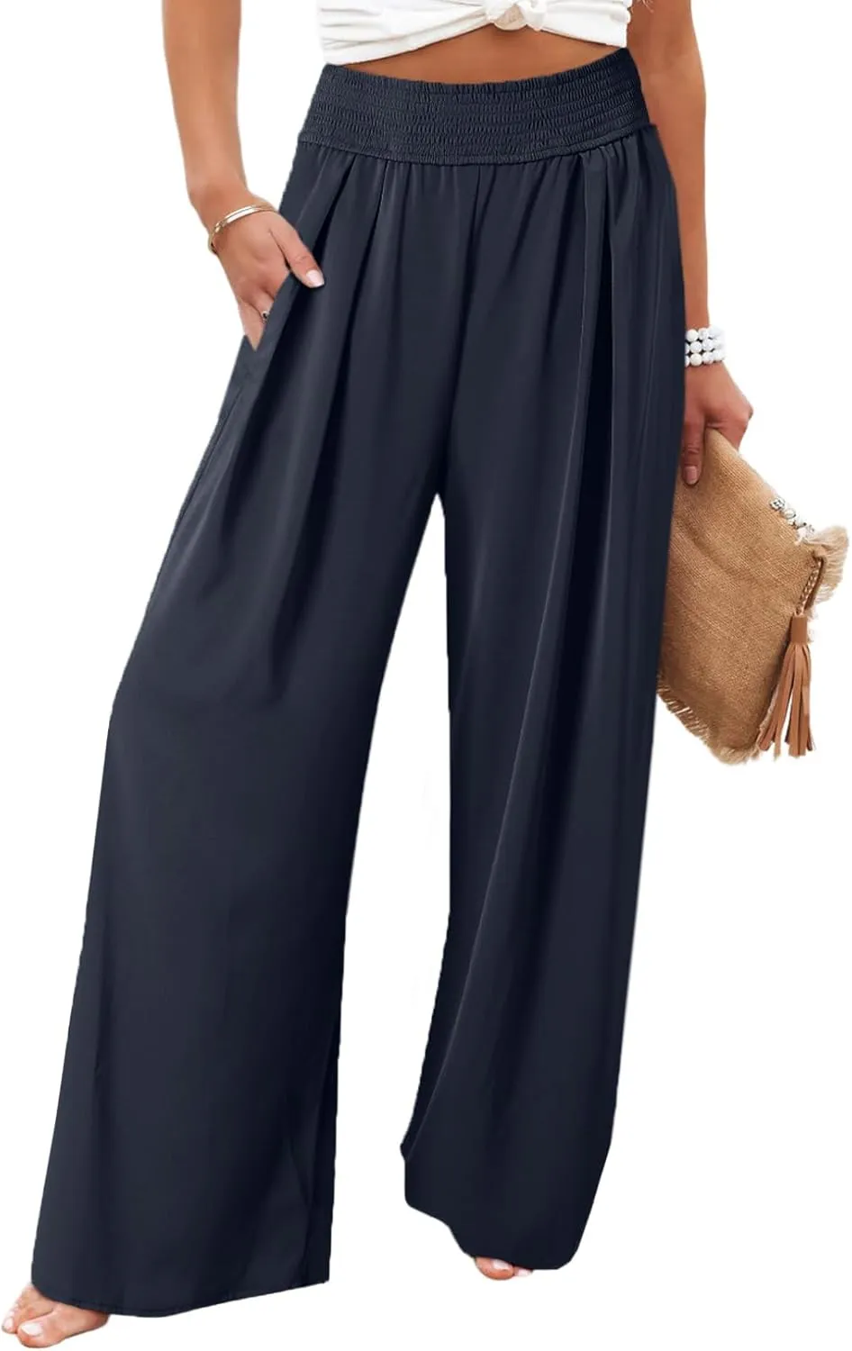 Eytino Women Plus Size Wide Leg Pants Casual Loose Smocked High Waisted Lounge Pajama Palazzo Pants(1X-5X)