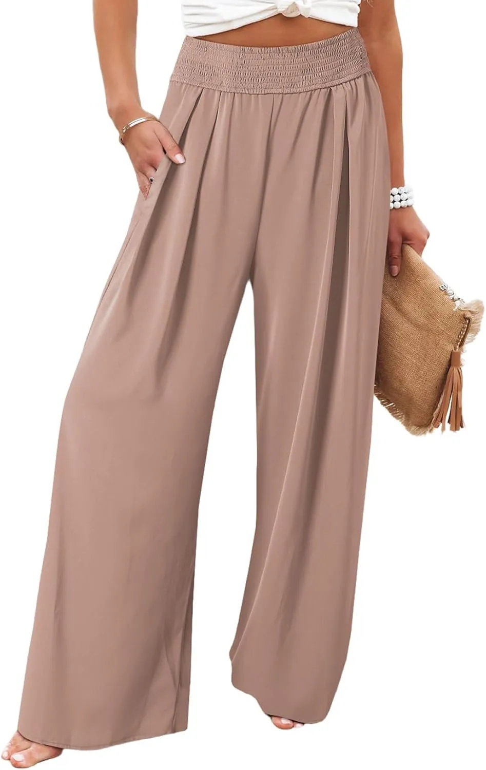 Eytino Women Plus Size Wide Leg Pants Casual Loose Smocked High Waisted Lounge Pajama Palazzo Pants(1X-5X)