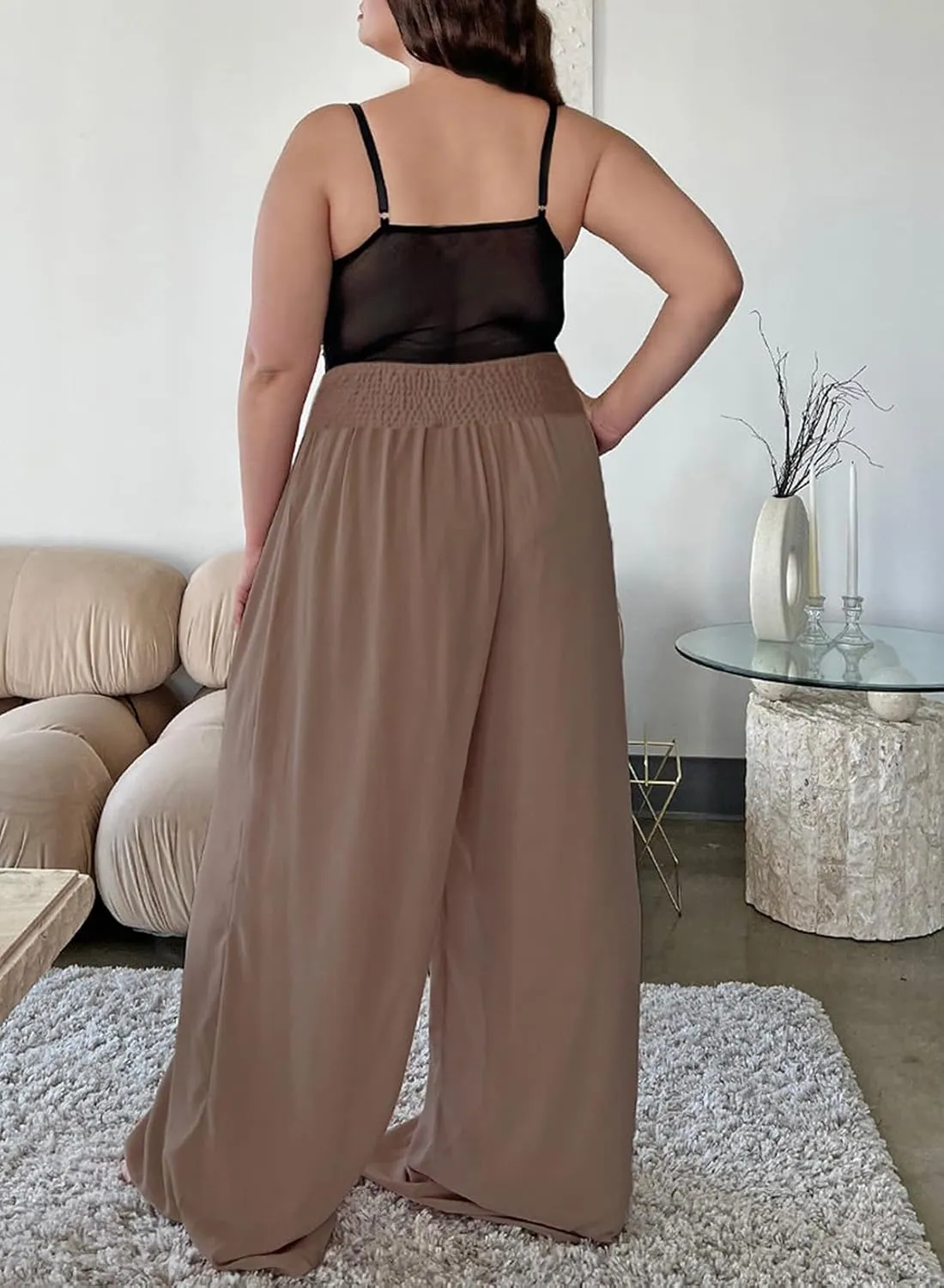 Eytino Women Plus Size Wide Leg Pants Casual Loose Smocked High Waisted Lounge Pajama Palazzo Pants(1X-5X)