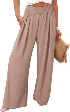 Eytino Women Plus Size Wide Leg Pants Casual Loose Smocked High Waisted Lounge Pajama Palazzo Pants(1X-5X)