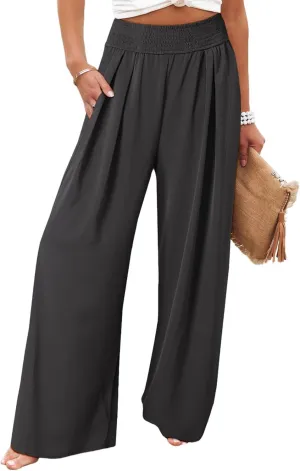 Eytino Women Plus Size Wide Leg Pants Casual Loose Smocked High Waisted Lounge Pajama Palazzo Pants(1X-5X)
