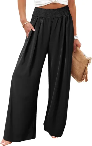 Eytino Women Plus Size Wide Leg Pants Casual Loose Smocked High Waisted Lounge Pajama Palazzo Pants(1X-5X)