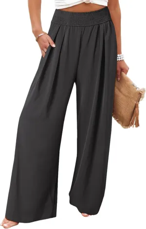 Eytino Women Plus Size Wide Leg Pants Casual Loose Smocked High Waisted Lounge Pajama Palazzo Pants(1X-5X)