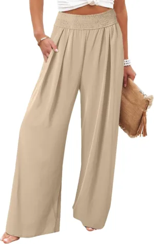Eytino Women Plus Size Wide Leg Pants Casual Loose Smocked High Waisted Lounge Pajama Palazzo Pants(1X-5X)