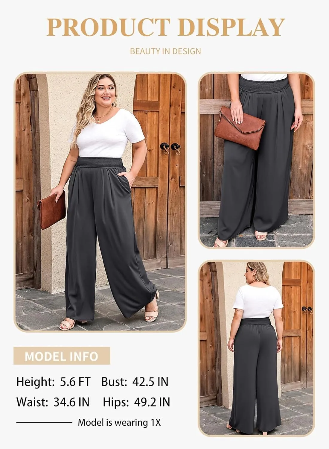 Eytino Women Plus Size Wide Leg Pants Casual Loose Smocked High Waisted Lounge Pajama Palazzo Pants(1X-5X)