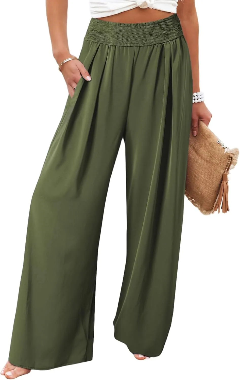 Eytino Women Plus Size Wide Leg Pants Casual Loose Smocked High Waisted Lounge Pajama Palazzo Pants(1X-5X)