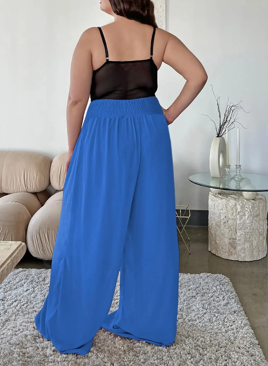 Eytino Women Plus Size Wide Leg Pants Casual Loose Smocked High Waisted Lounge Pajama Palazzo Pants(1X-5X)