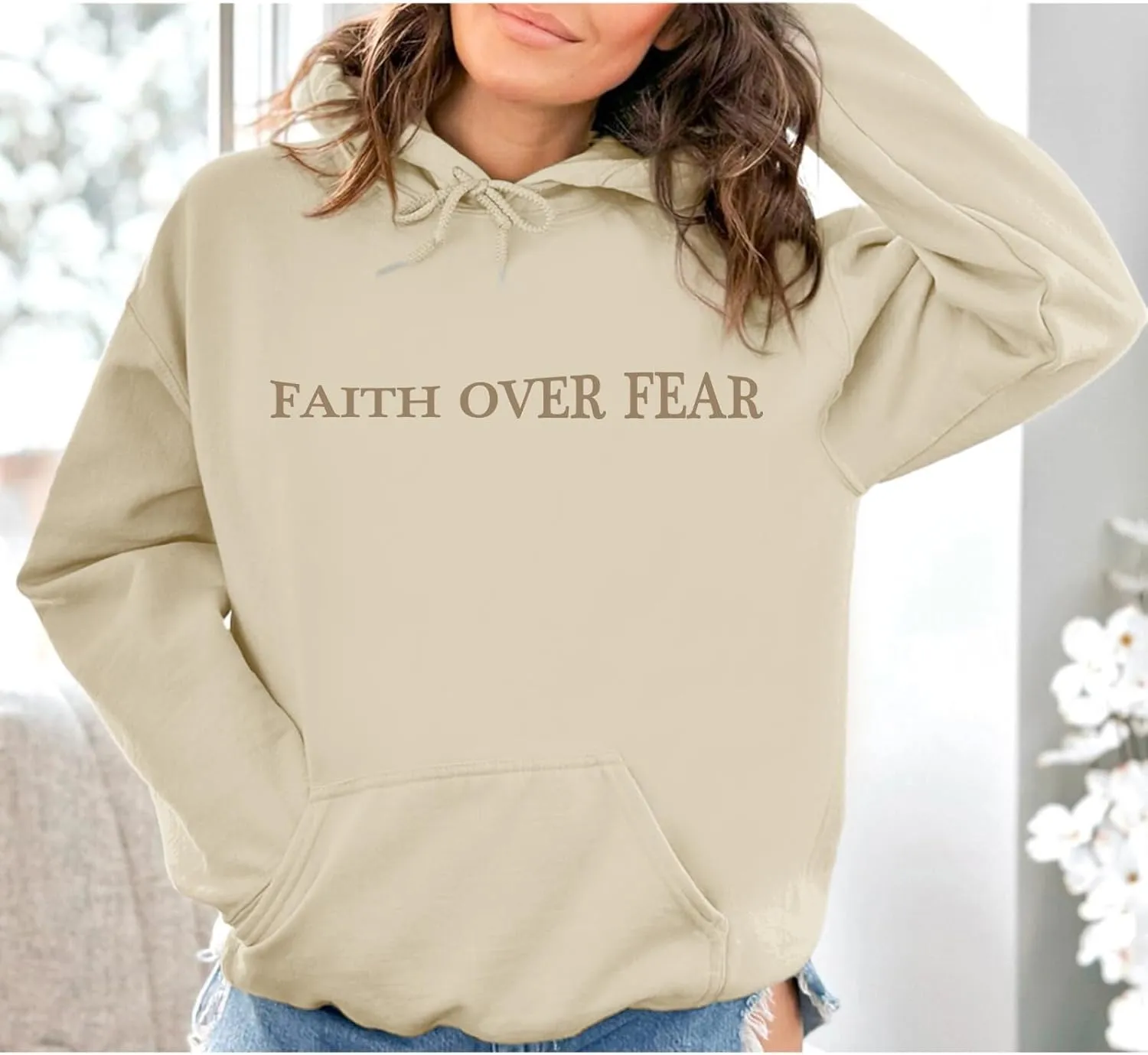 Faith Over Fear Hoodie for Women Christian Jesus Inspirational Sweatshirts Religious Oversized Graphic Pullover Tops