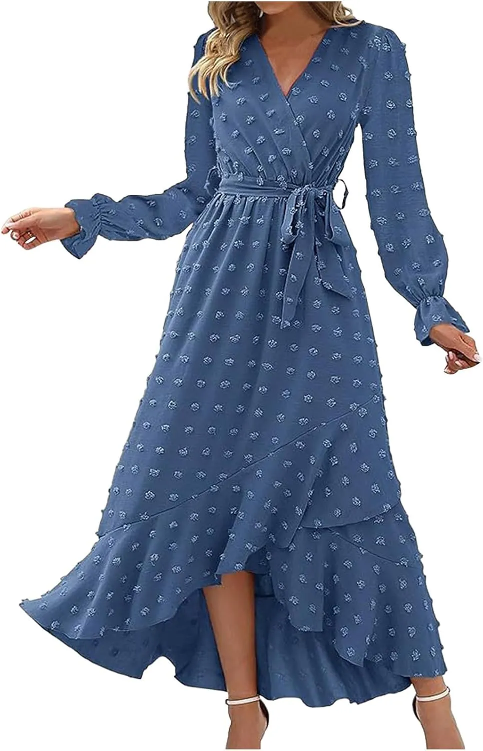 Fall Dresses for Women 2024 Trendy Ruffle Long Sleeve Swiss Dot Maxi Dress Tiered Ruffle Hem Flowy Boho Long Dresses Women Fall Dresses Blue 2X