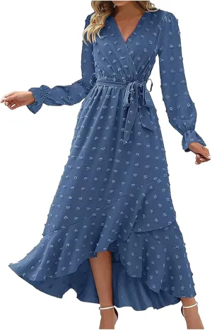 Fall Dresses for Women 2024 Trendy Ruffle Long Sleeve Swiss Dot Maxi Dress Tiered Ruffle Hem Flowy Boho Long Dresses Women Fall Dresses Blue 2X