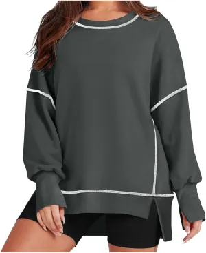 Fall Sweatshirts For Women Trendy 2024 Oversized Long Sleeve Crewneck Pullover Tops Side Slit Slouchy Sweatshirt