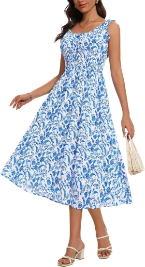 FENSACE Women's Summer Boho Dress Flowy Casual Sleeveless Long Sundress with Pockets