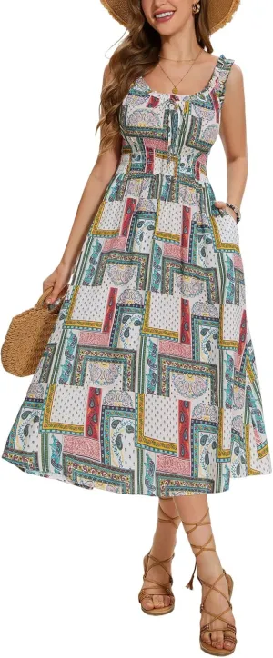 FENSACE Women's Summer Boho Dress Flowy Casual Sleeveless Long Sundress with Pockets