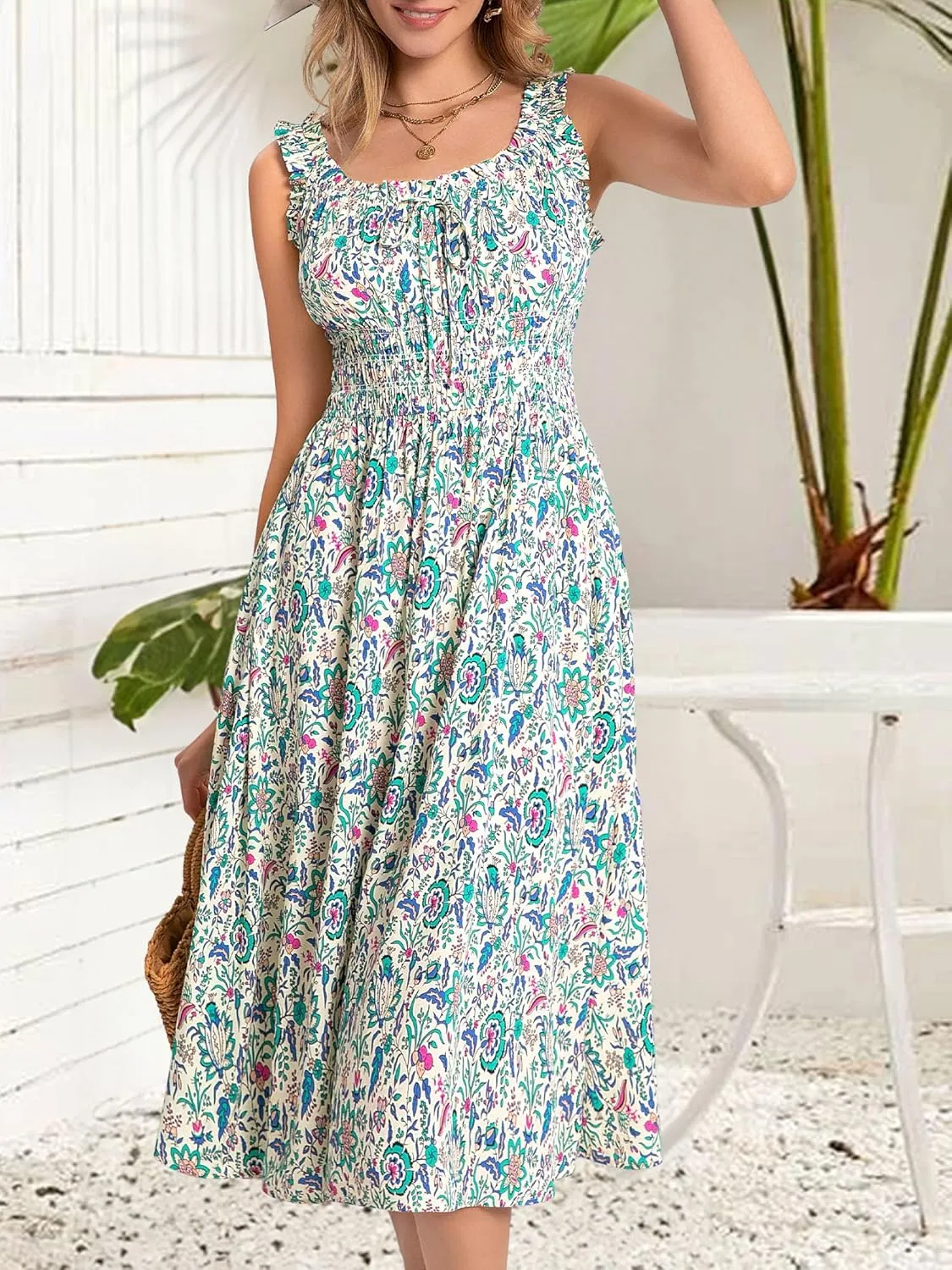 FENSACE Women's Summer Boho Dress Flowy Casual Sleeveless Long Sundress with Pockets