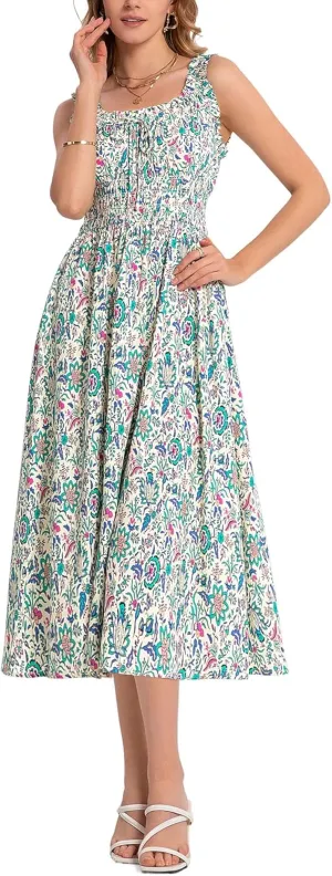 FENSACE Women's Summer Boho Dress Flowy Casual Sleeveless Long Sundress with Pockets