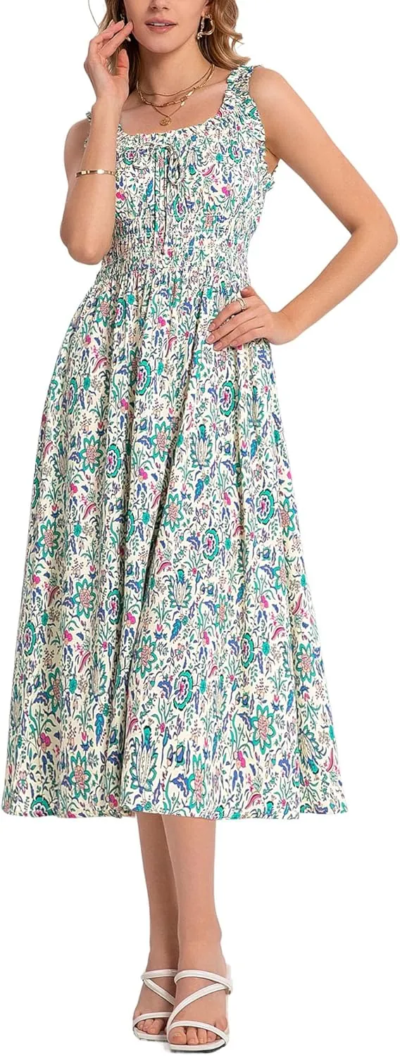 FENSACE Women's Summer Boho Dress Flowy Casual Sleeveless Long Sundress with Pockets