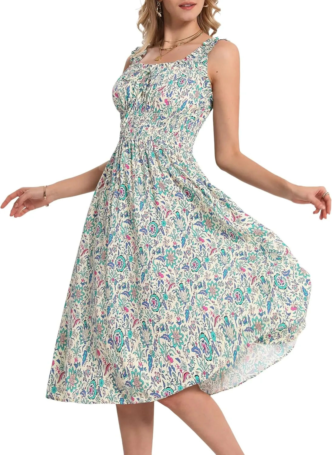 FENSACE Women's Summer Boho Dress Flowy Casual Sleeveless Long Sundress with Pockets