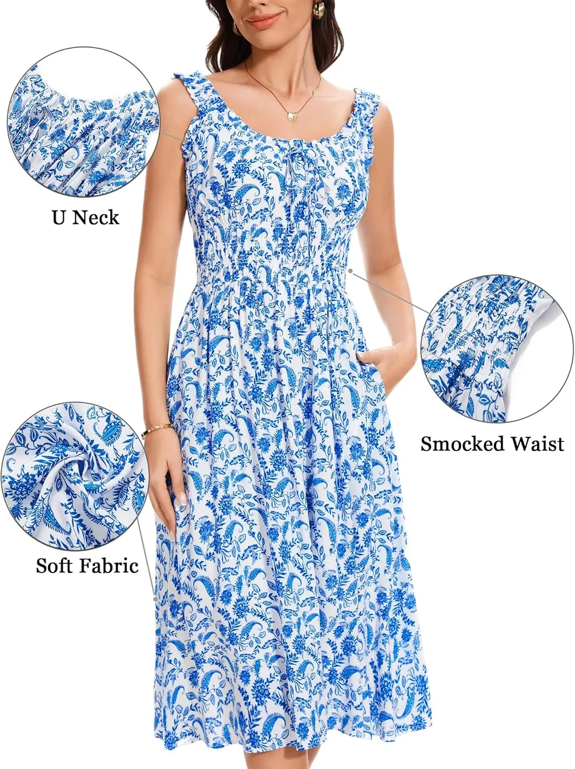 FENSACE Women's Summer Boho Dress Flowy Casual Sleeveless Long Sundress with Pockets
