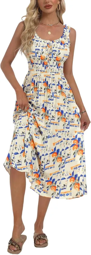 FENSACE Women's Summer Boho Dress Flowy Casual Sleeveless Long Sundress with Pockets
