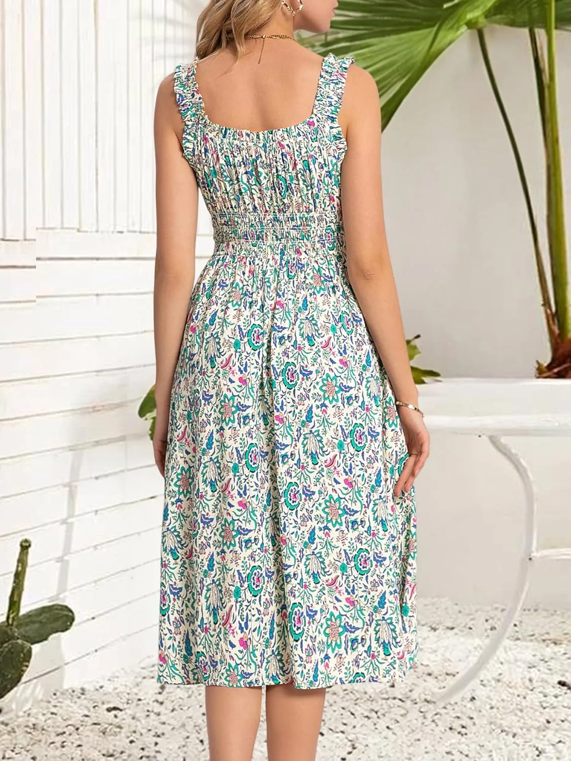 FENSACE Women's Summer Boho Dress Flowy Casual Sleeveless Long Sundress with Pockets
