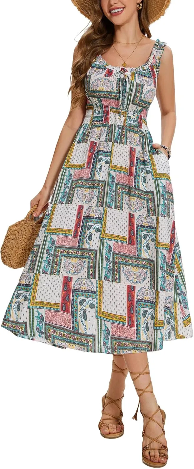 FENSACE Women's Summer Boho Dress Flowy Casual Sleeveless Long Sundress with Pockets