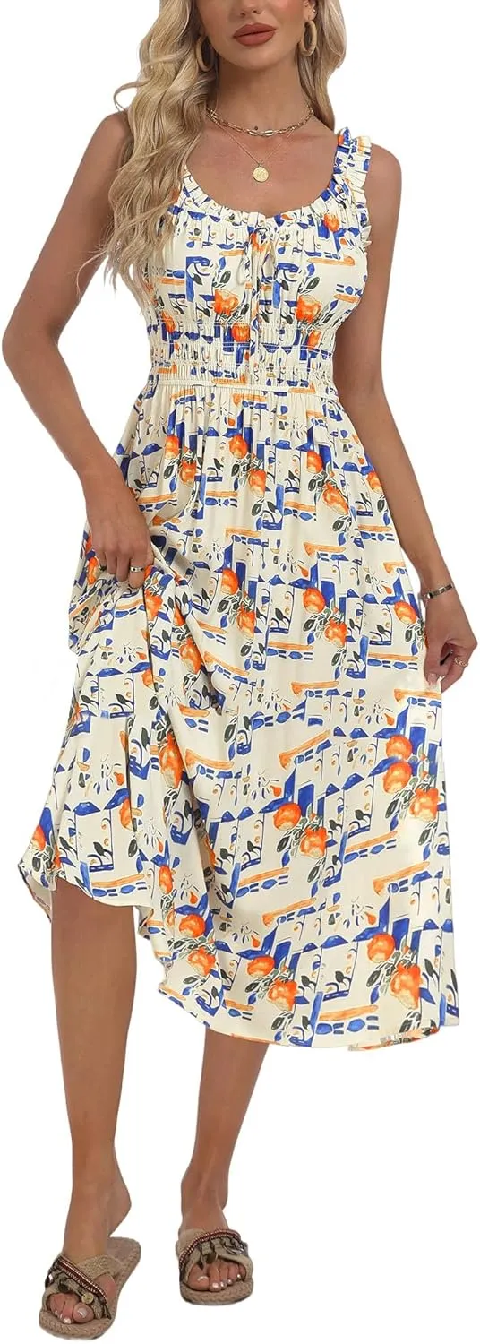 FENSACE Women's Summer Boho Dress Flowy Casual Sleeveless Long Sundress with Pockets