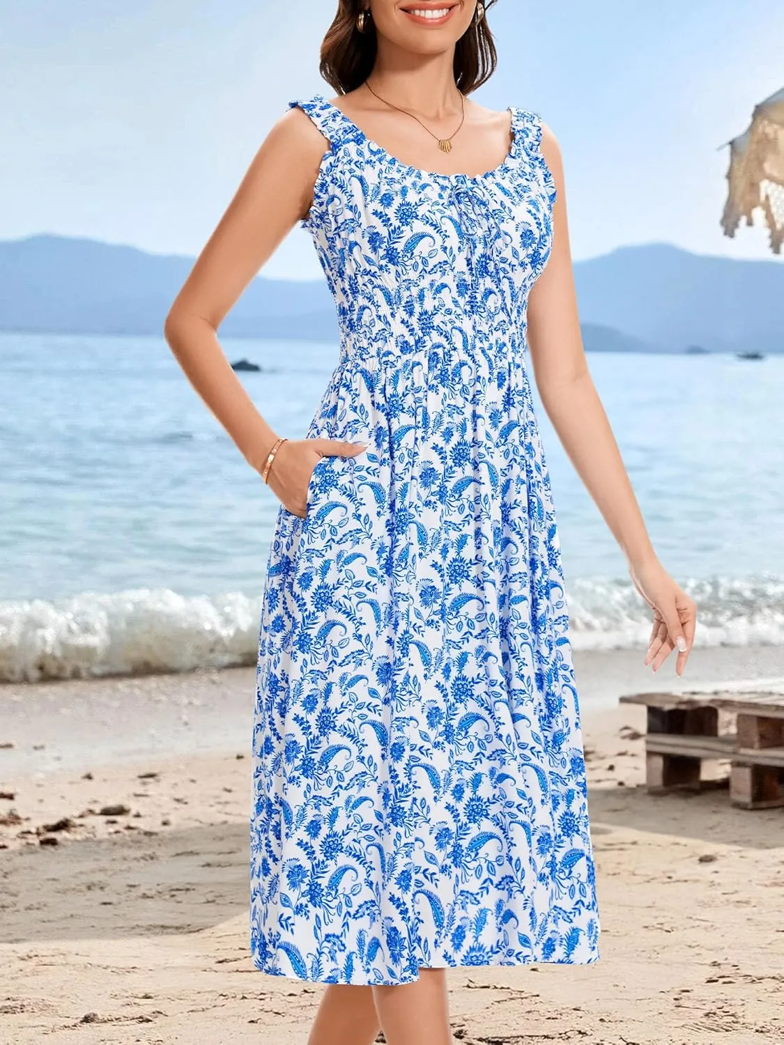 FENSACE Women's Summer Boho Dress Flowy Casual Sleeveless Long Sundress with Pockets