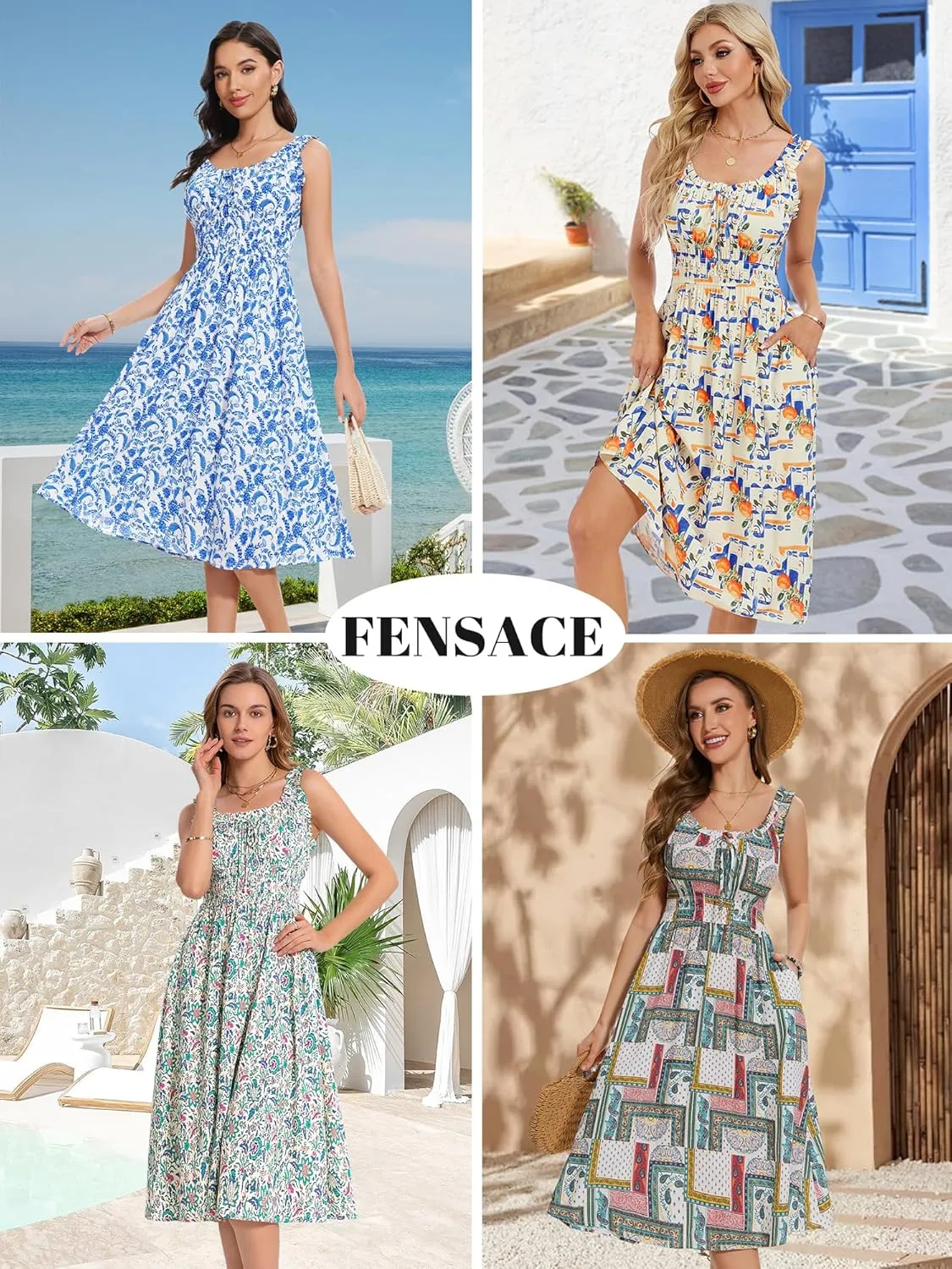 FENSACE Women's Summer Boho Dress Flowy Casual Sleeveless Long Sundress with Pockets